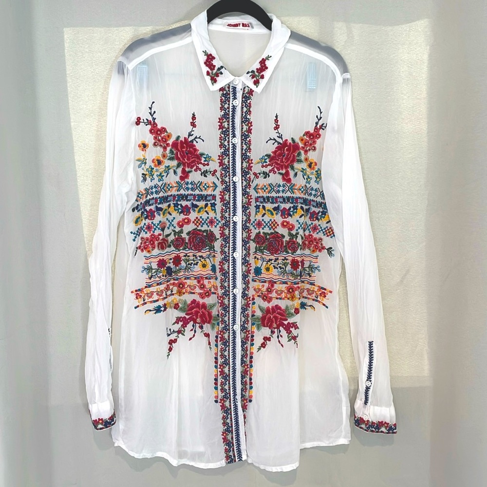 JOHNNY WAS Sheer Floral Embroidered Blouse